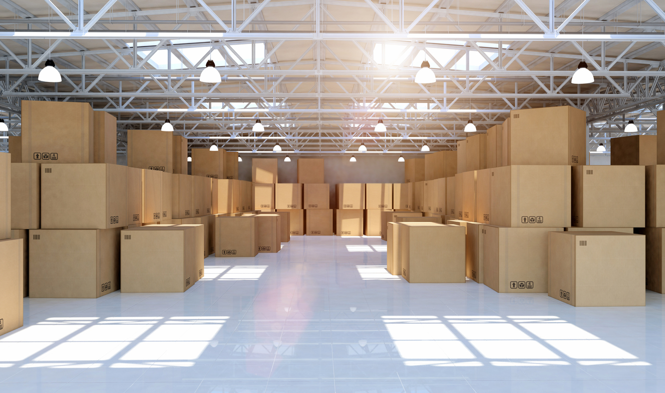 Indoor view of a new warehouse building full of retail items and merchandise cardboard boxes. Plenty of goods are packed, arranged and stacked in the big storage room. Large industrial space with steel and concrete structure for storage, freight distribution and shipping services. Daylight. Digital generated image. Icons, barcodes and symbols are for illustration purpose only.