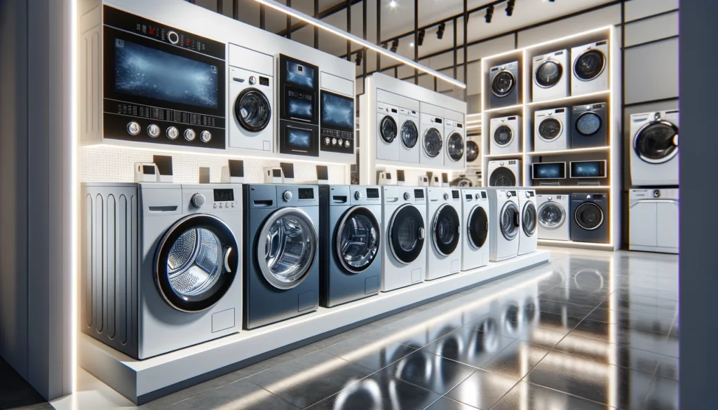 DALL·E 2024-05-02 09.46.43 - A display of washing machines and dryers in a showroom. The appliances are arranged in neat rows, showcasing different models and styles. Each applian