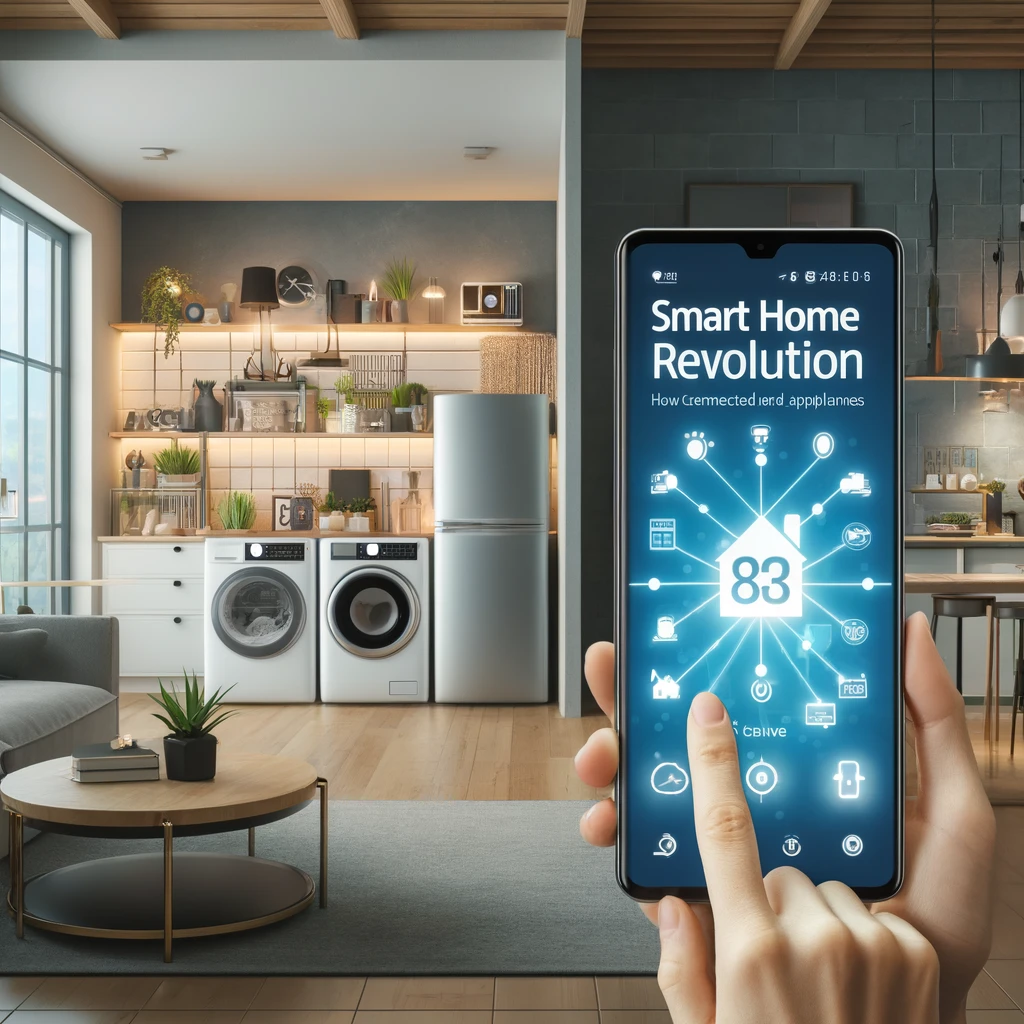 DALL·E 2024-05-11 09.23.30 - A modern and sleek blog article cover image for 'The Smart Home Revolution_ How Connected Appliances Are Transforming Our Homes'. The cover features a