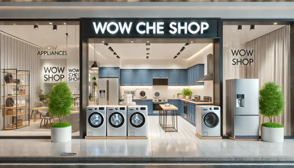 DALL·E 2024-12-10 15.40.24 - Create an image of a modern and welcoming appliance store located in a shopping mall, with a sign reading 'Wow che Shop'. The store features high-qual