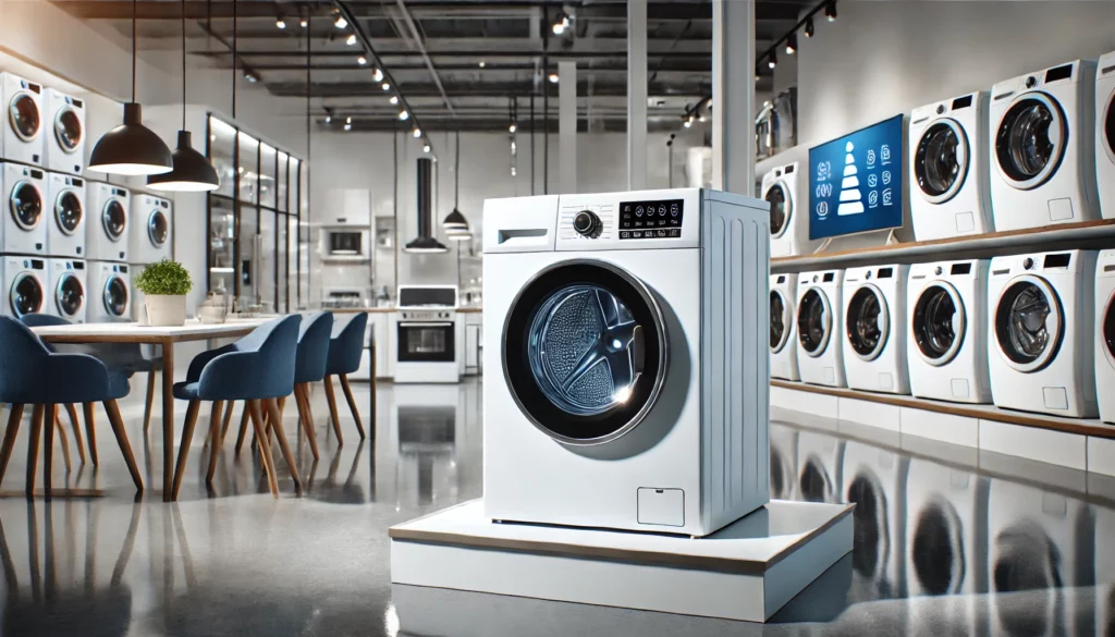 DALL·E 2024-12-30 14.17.50 - A modern appliance store setting featuring a high-quality washing machine on display in a sleek showroom. The washing machine has a contemporary desig